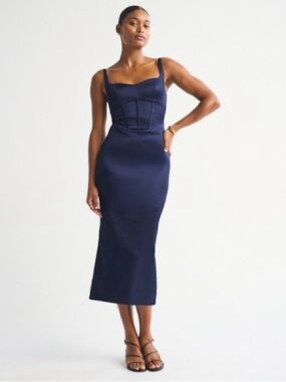 Corset Midi Stretch Satin Navy Dress